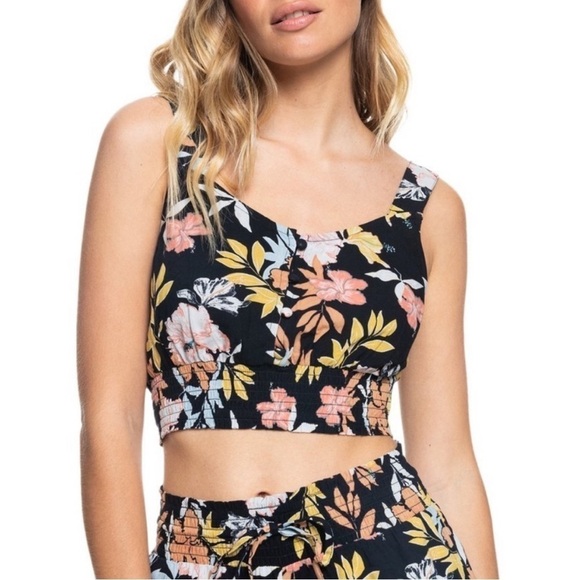 NWT Roxy Sea Fog Button Front Floral Cropped Top - Picture 1 of 7